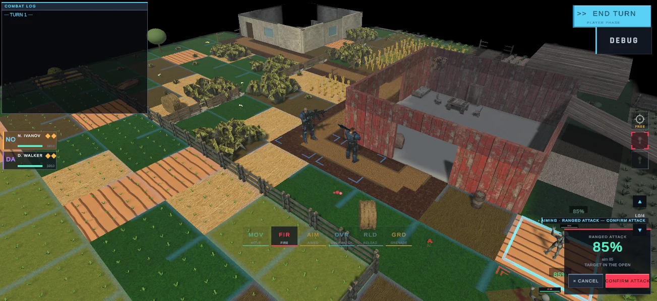 UFO tactical combat: two operatives in cover on a farm, aiming a ranged attack